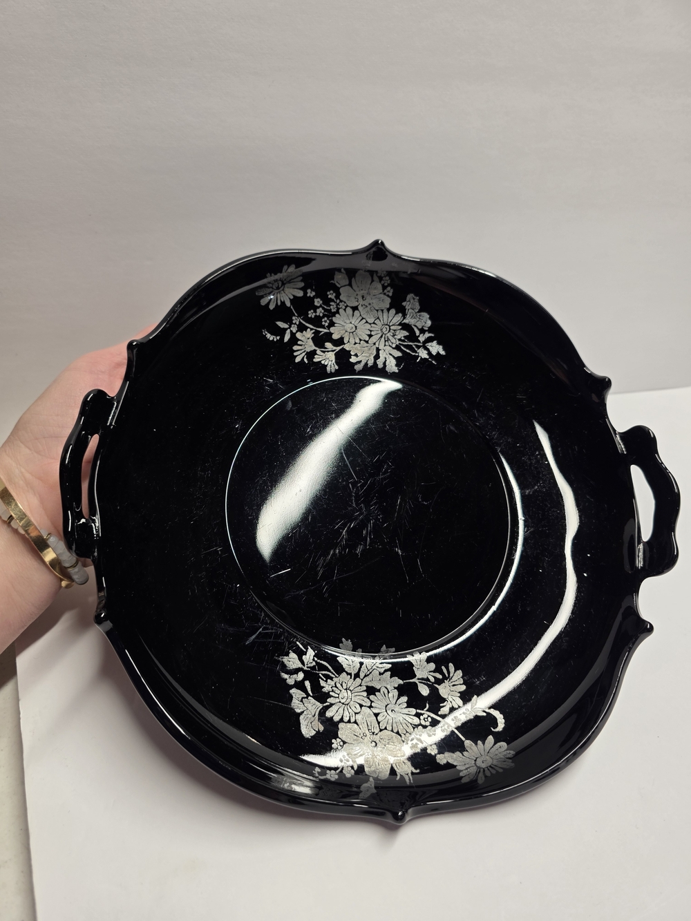 Vintage L.E. Smith Black Amethyst Glass 10.5 Inch Handled Serving Tray / Platter